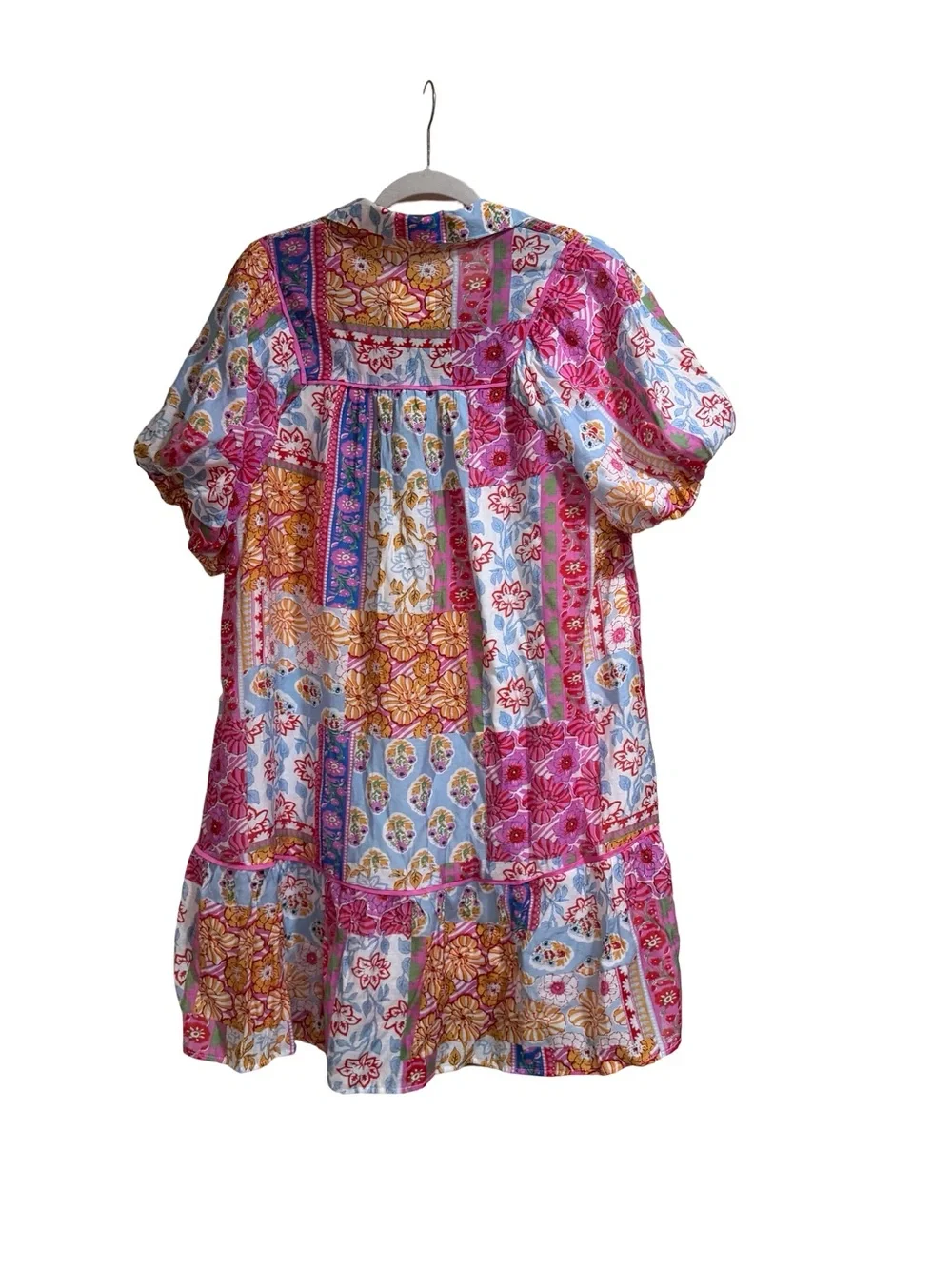 ☀️Umgee Patchwork Print Smocked Mini Dress Collared Split V-Neck Size Large Boho - Picture 5 of 11